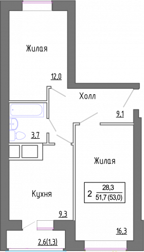 2-комнатная, 51.3 м²
