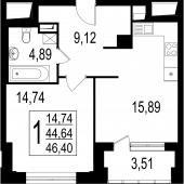 1-комнатная квартира 46.4 м²