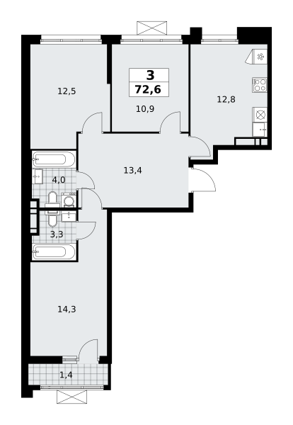 3-комнатная квартира №58К-7.1.2-402, 72,6 м² за 20,00 млн руб. в ЖК «Прокшино» - планировка