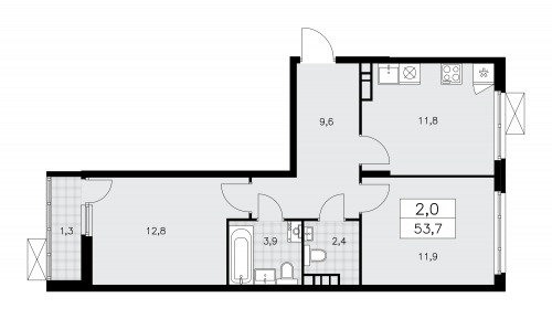 2-комнатная, 53.7 м²