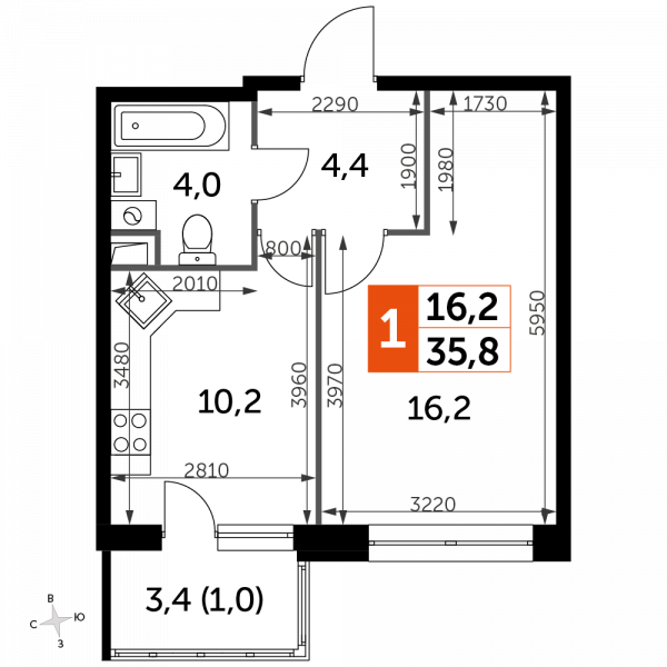 1 комната до 35.8
