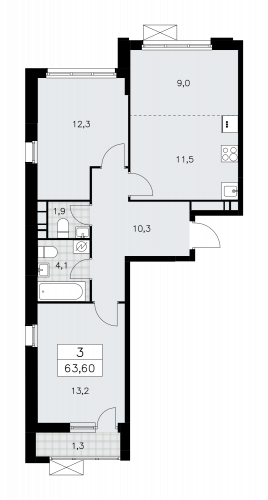3-комнатная, 63.6 м²