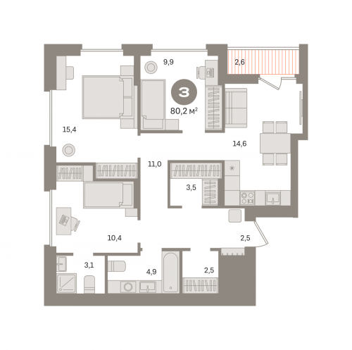 3-комнатная, квартира, 80.15 м²