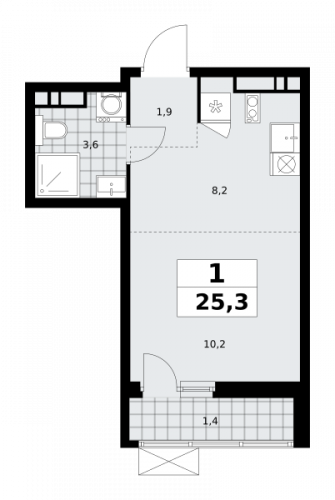 1-комнатная, 25.3 м²
