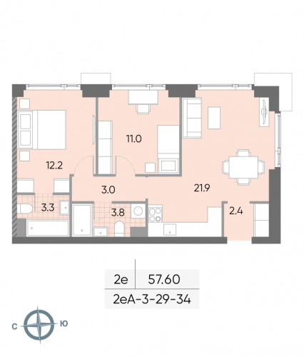 2-комнатная, квартира, 57.6 м²