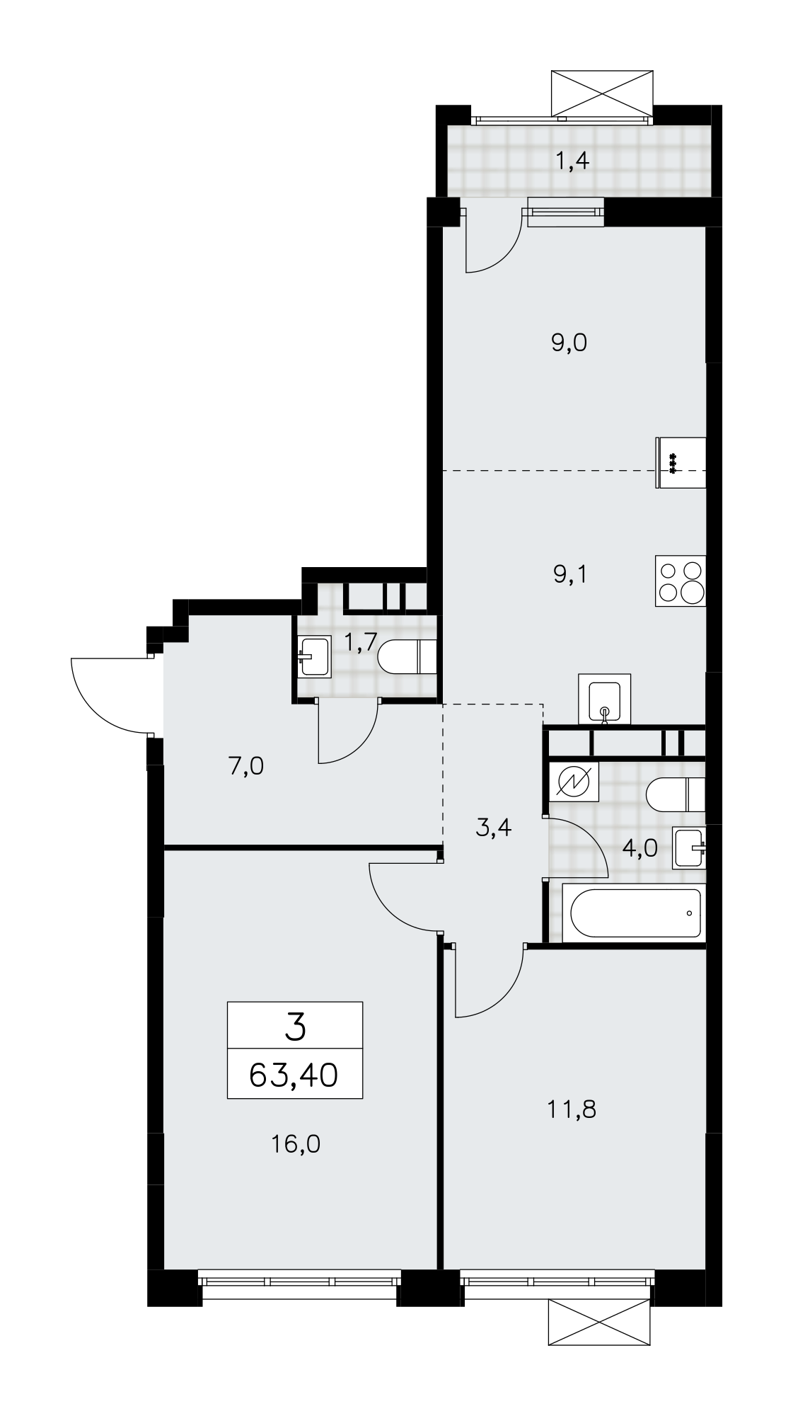 3-комнатная квартира №24К-28.1-207, 63,4 м² за 17,55 млн руб. в ЖК «Скандинавия» - планировка
