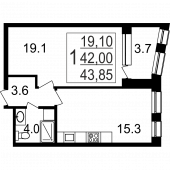 1-комнатная квартира 43,85 м²