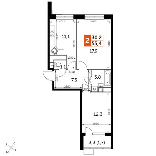 2-комнатная, 55.4 м²