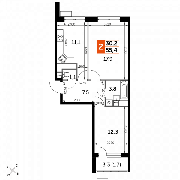 2 комнаты до 55.4