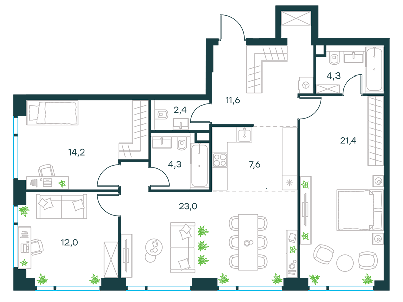 4-комнатные апартаменты №331, 100,8 м² за 45,30 млн руб. в ЖК «Level Мичуринский» - планировка