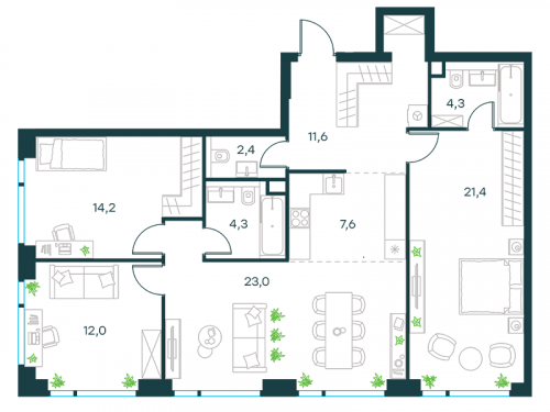 Многокомнатная, квартира, 100.8 м²