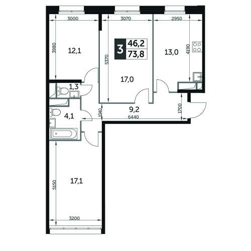 3-комнатная, квартира, 73.8 м²