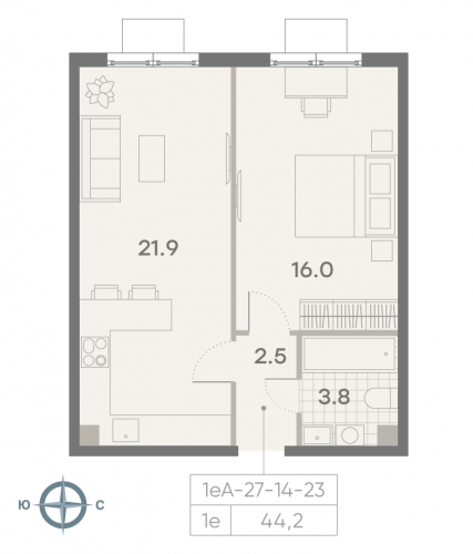 1-комнатная, квартира, 44.2 м²