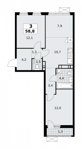 3-комнатная, 58.8 м²