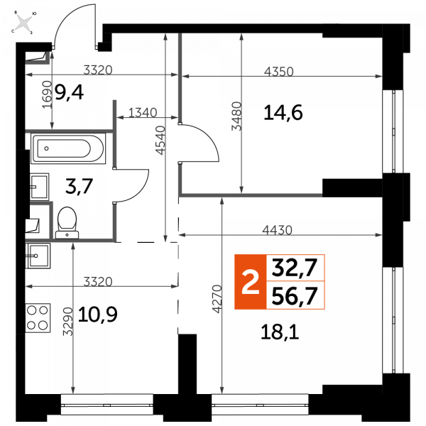 2 комнаты до 56.7