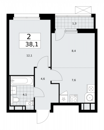 2-комнатная, 38.1 м²