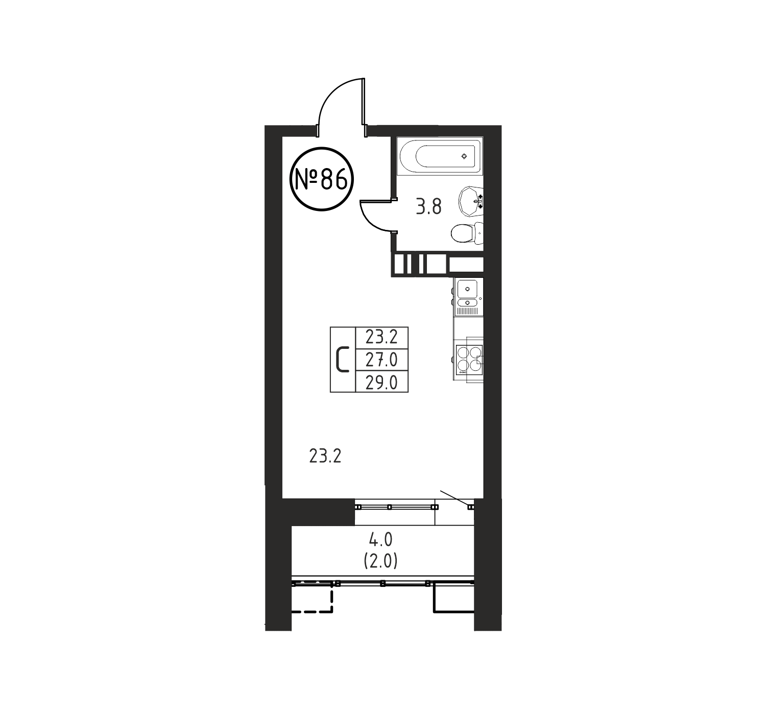 Квартира-студия №86, 29,0 м² за 4,81 млн руб. в ЖК «Космос» - планировка