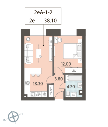 1-комнатная, квартира, 38.1 м²