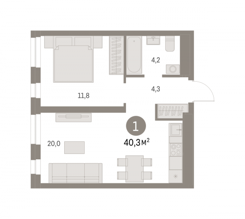1-комнатная, 40.3 м²