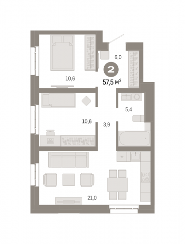 2-комнатная, квартира, 57.5 м²