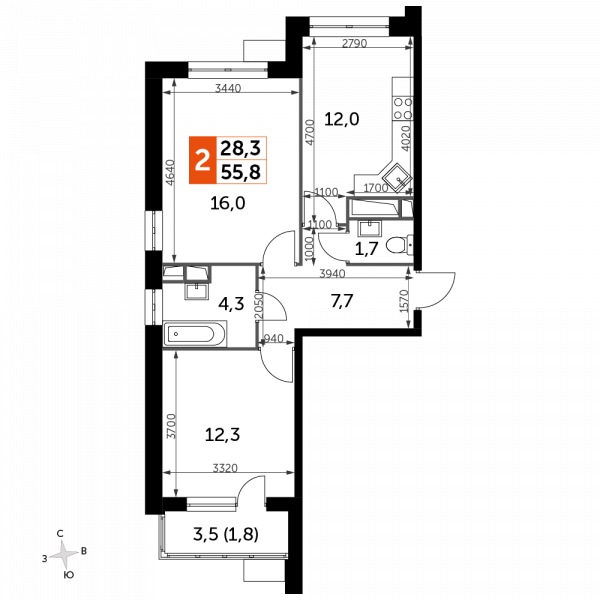 2 комнаты до 55.8