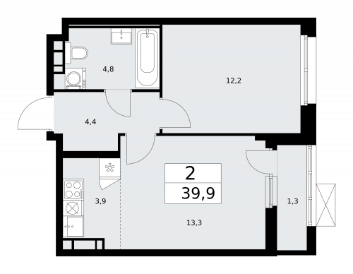 2-комнатная, 39.9 м²