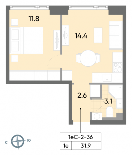 1-комнатная, квартира, 31.9 м²