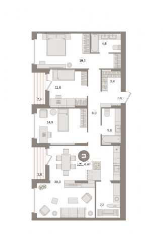 3-комнатная, квартира, 121.4 м²