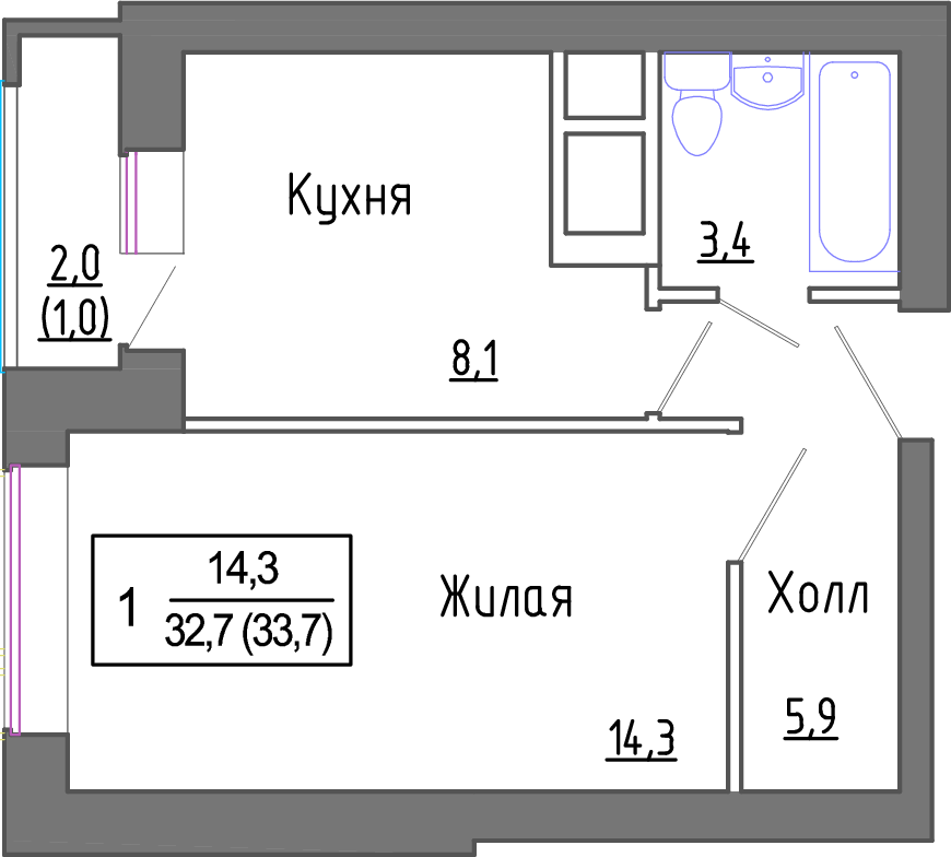 1-комнатная квартира №10178474, 32,6 м² за 7,00 млн руб. в ЖК «Новое Замитино» - планировка