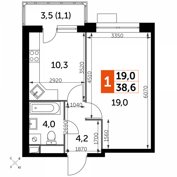 1 комната до 38.6