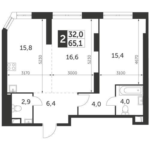 2-комнатная, квартира, 65.1 м²