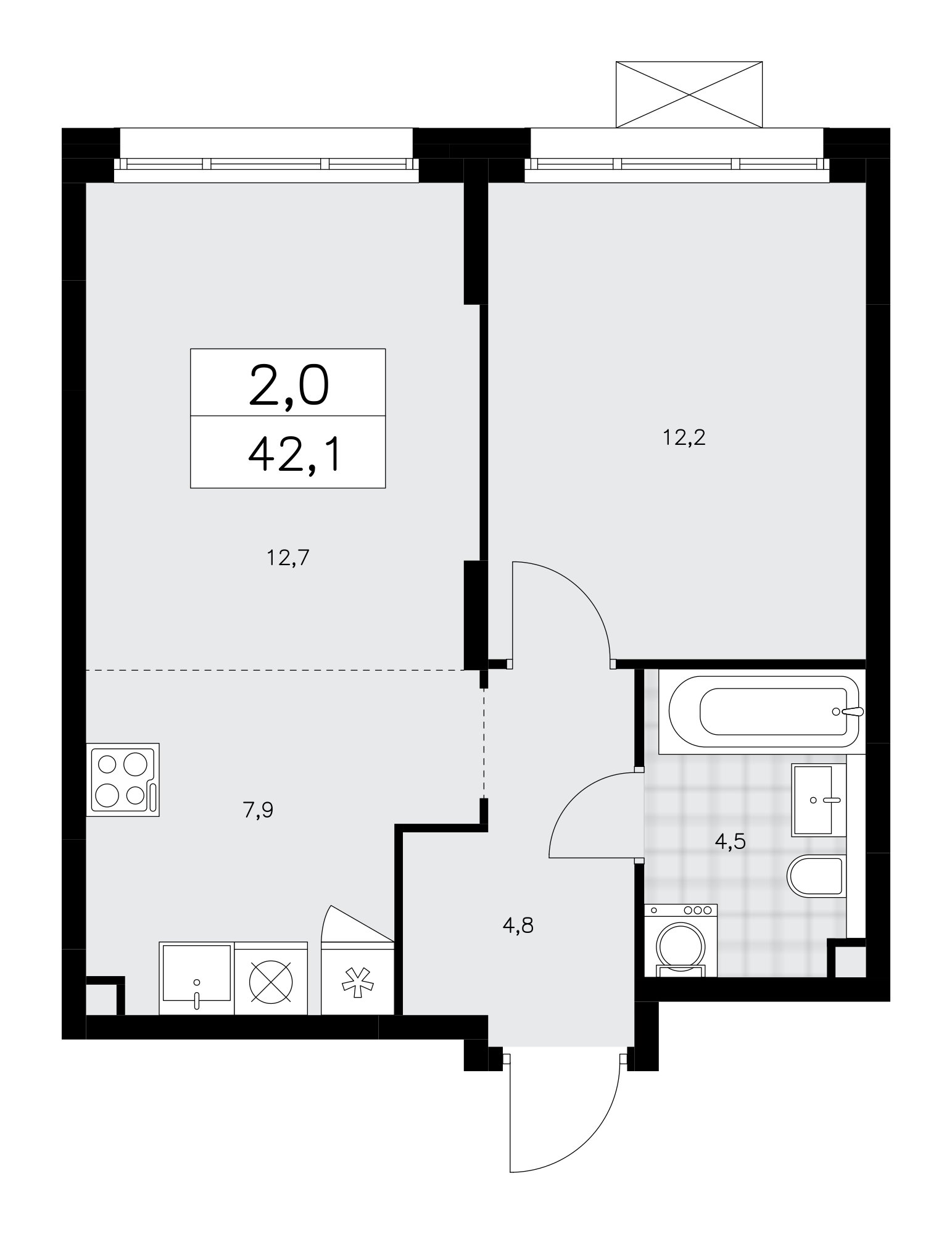 2-комнатная квартира №58К-10.1.5-1040, 42,1 м² за 14,19 млн руб. в ЖК «Прокшино» - планировка