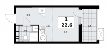 1-комнатная квартира 22,6 м²