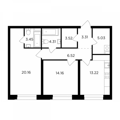 2-комнатная, 73.68 м²