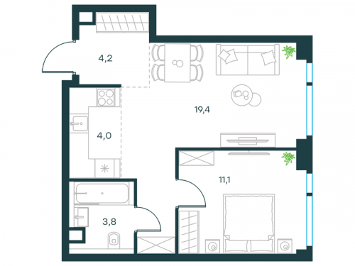 2-комнатная, квартира, 42.5 м²