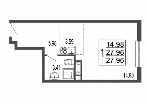 Студия, 28.5 м²