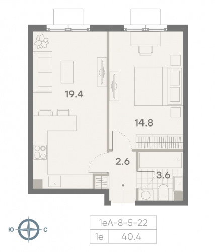 1-комнатная, квартира, 40.4 м²