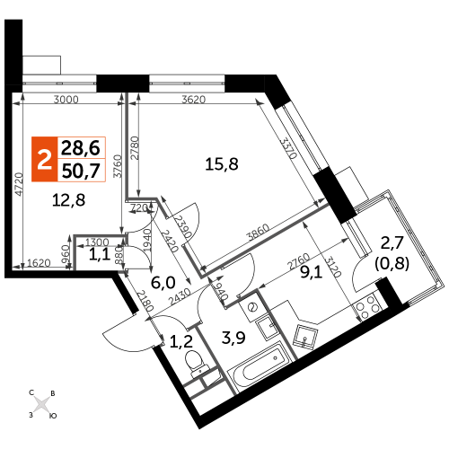 2-комнатная, 50.7 м²