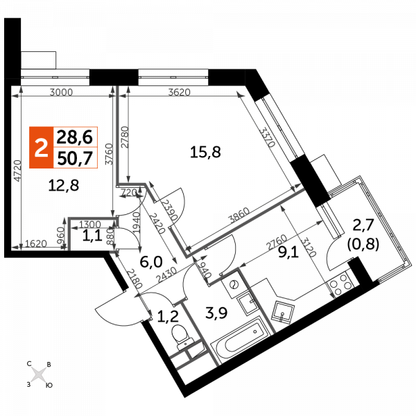 2 комнаты до 50.7