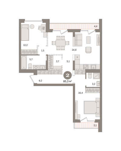 2-комнатная, квартира, 85.28 м²
