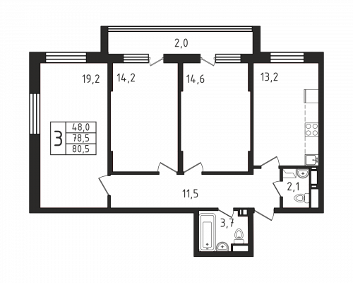 3-комнатная, квартира, 80.5 м²