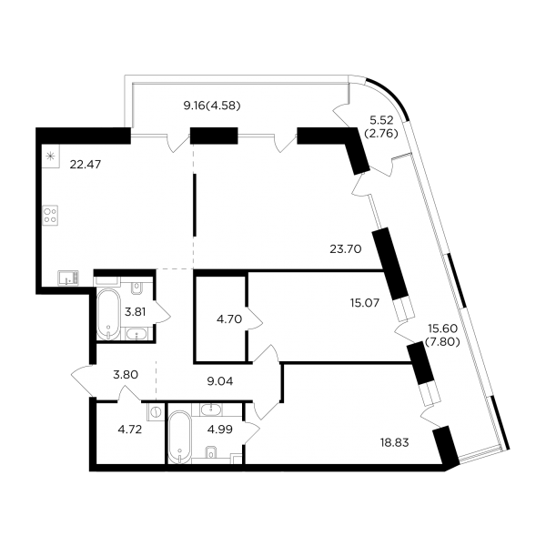 3-комнатная квартира №18, 126,3 м² за 63,75 млн руб. в ЖК «Foriver» - планировка