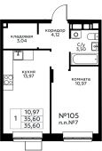 1-комнатная квартира 35,6 м²