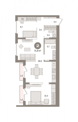 2-комнатная, квартира, 71.94 м²
