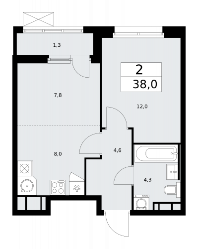 2-комнатная, 38 м²