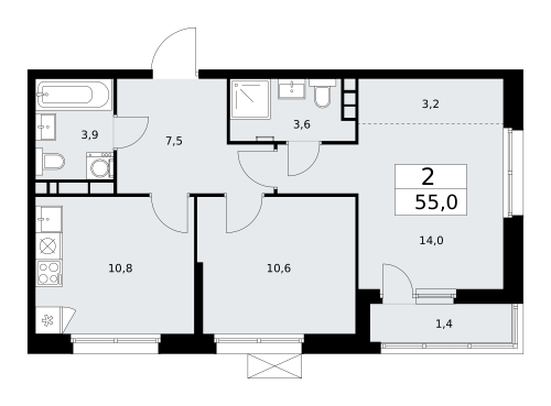 2-комнатная, 55 м²