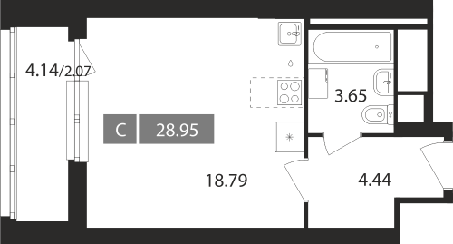 Студия, 28.95 м²