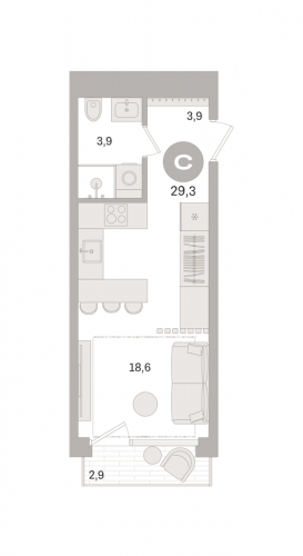 Студия, 29.3 м²