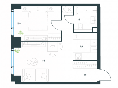 2-комнатная, 41.4 м²