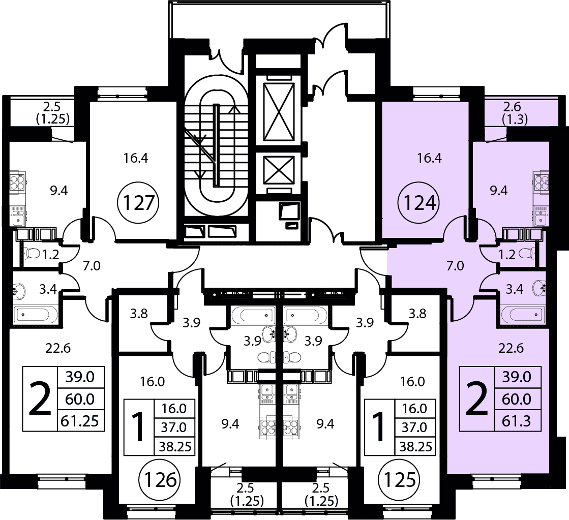 2-комнатная квартира №124, 61,3 м² за 9,38 млн руб. в ЖК «Космос» - планировка